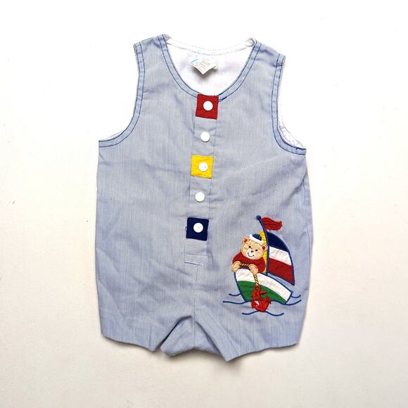 Vintage Romper Baby Boys Size 6-9m Blue Sailboat Applique Nautical - Picture 1 of 4